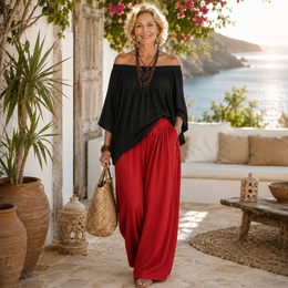 Red pants - black top