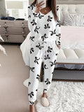 HALLIE™ - V-Neck Long Sleeve Top with Bow Print & Drawstring Pants Set