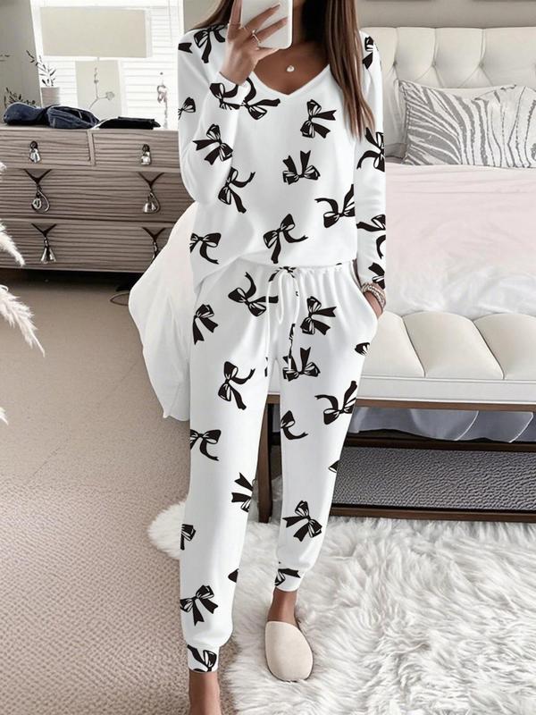 HALLIE™ - V-Neck Long Sleeve Top with Bow Print & Drawstring Pants Set