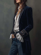 Women’s Vintage Navy Embroidered Longline Jacket