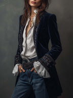 Women’s Vintage Navy Embroidered Longline Jacket