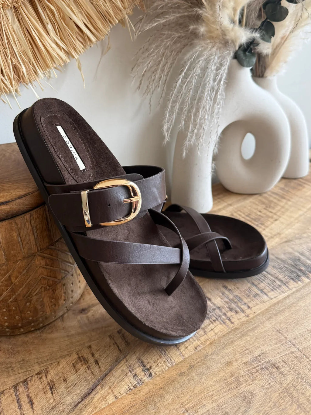 Sandals with Golden Buckle Effect Leather