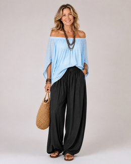 Black pants - light blue top