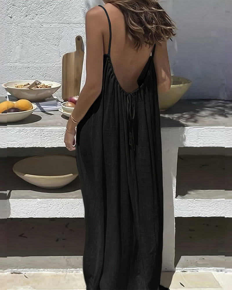 Women’s Elegant Solid Color Backless Slip Dress