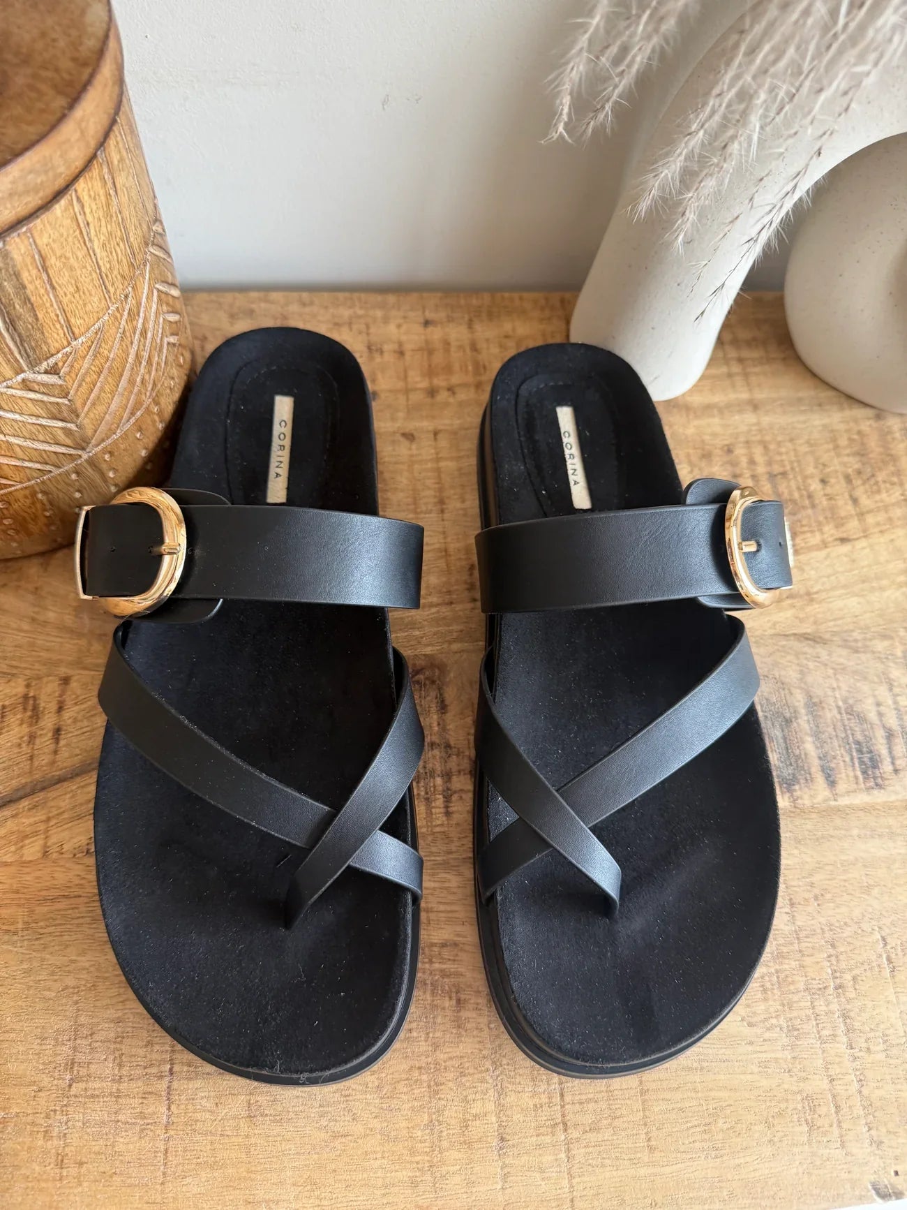 Sandals with Golden Buckle Effect Leather