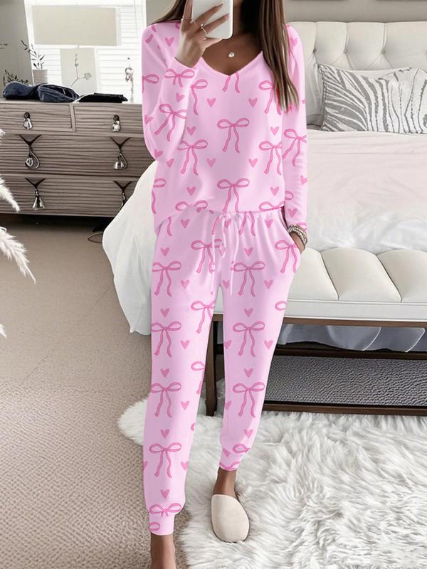 HALLIE™ - V-Neck Long Sleeve Top with Bow Print & Drawstring Pants Set