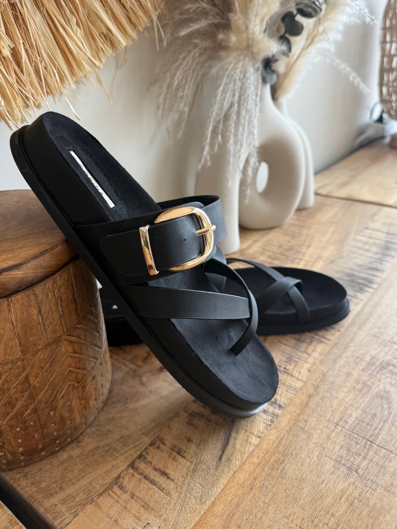 Sandals with Golden Buckle Effect Leather