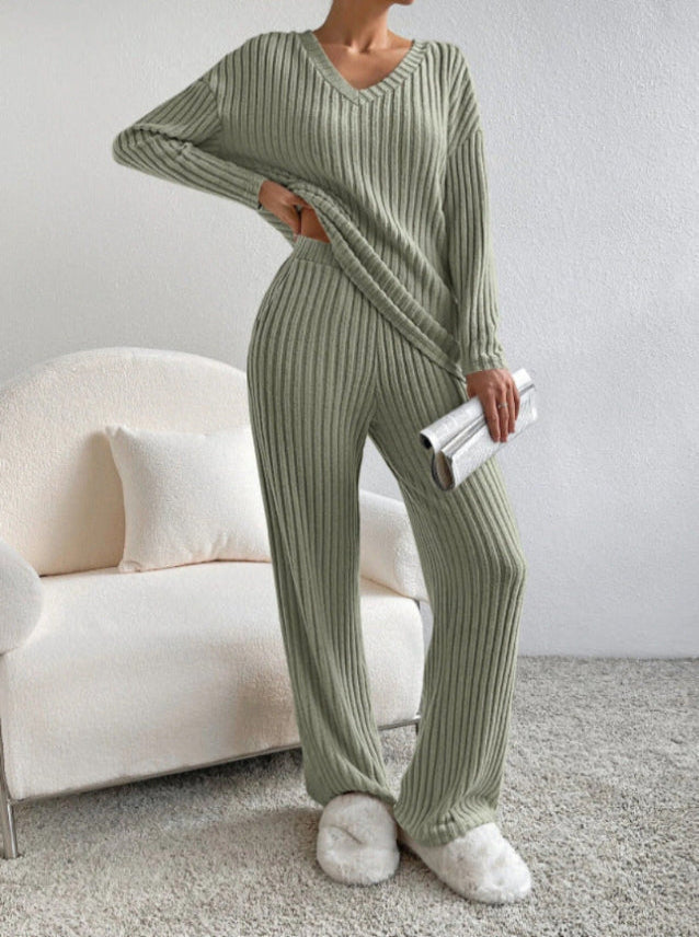 ELMER™ - Relaxed V-Neck Long Sleeve Top and Pants Ensemble