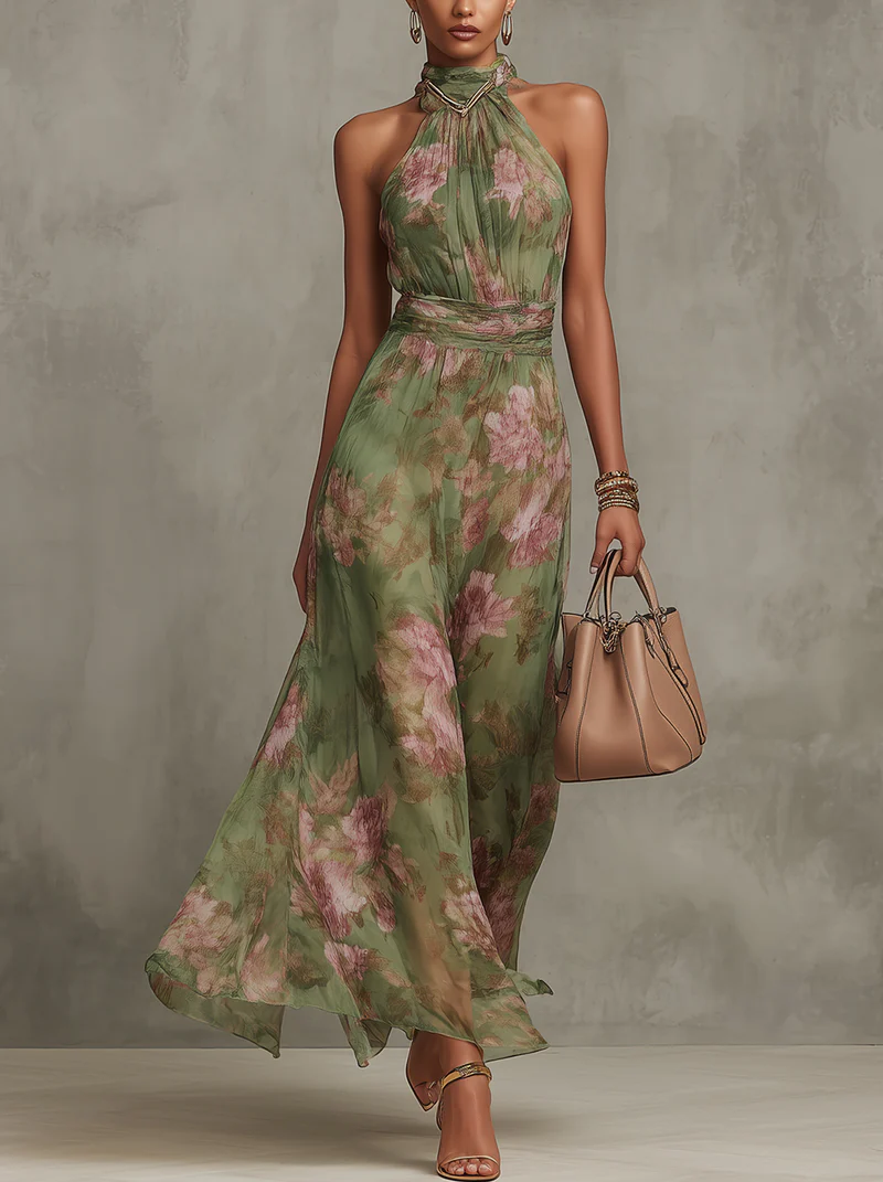 Livia - Chic Floral Maxi Halter Gown