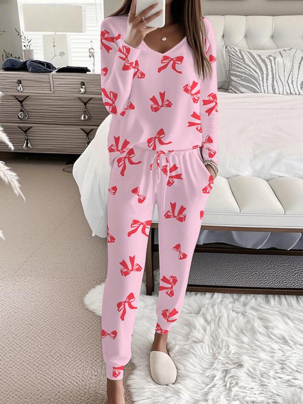 HALLIE™ - V-Neck Long Sleeve Top with Bow Print & Drawstring Pants Set