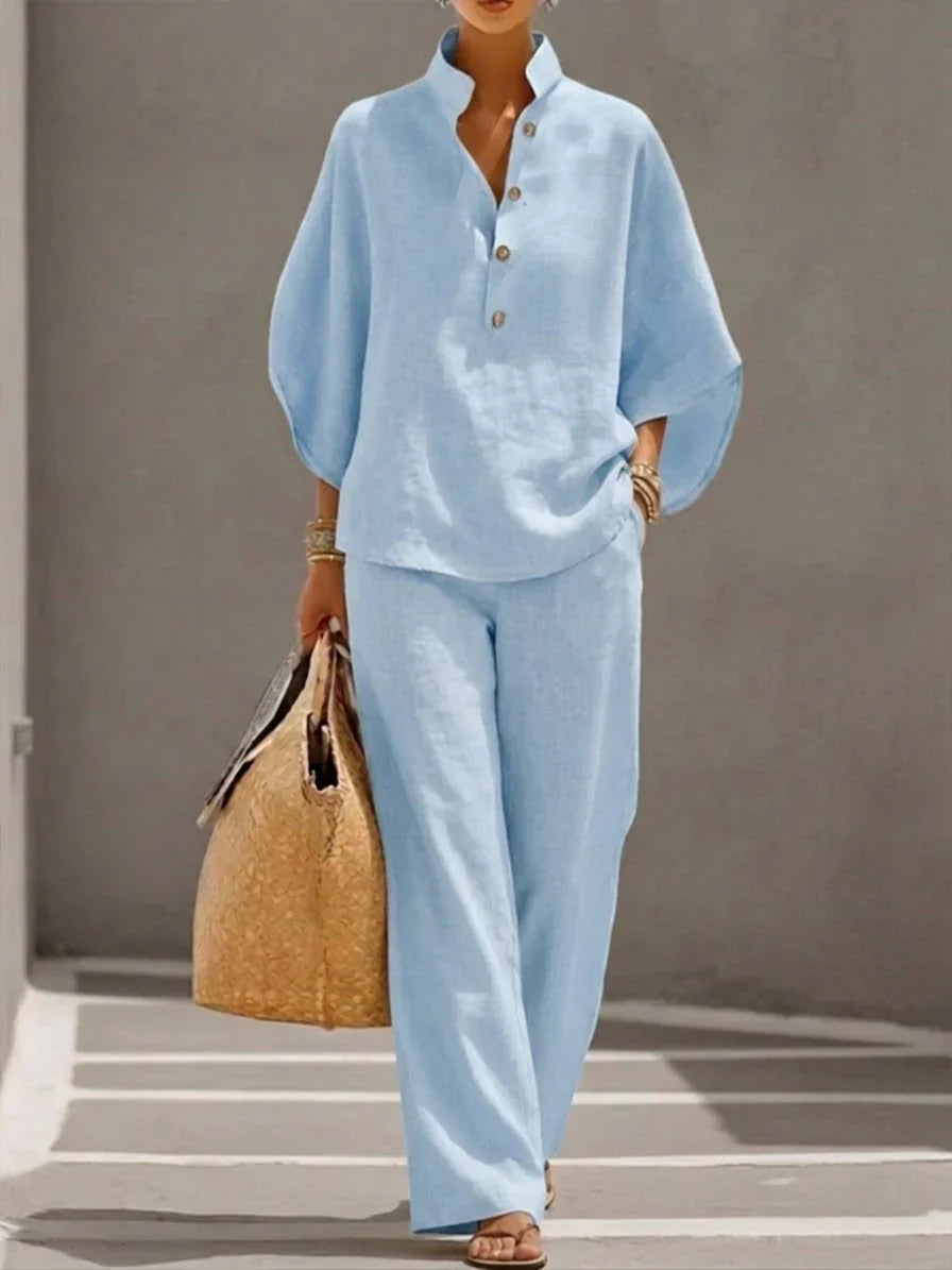 Mariel | Cotton and Linen Set with Batwing Sleeves and Wide Pants