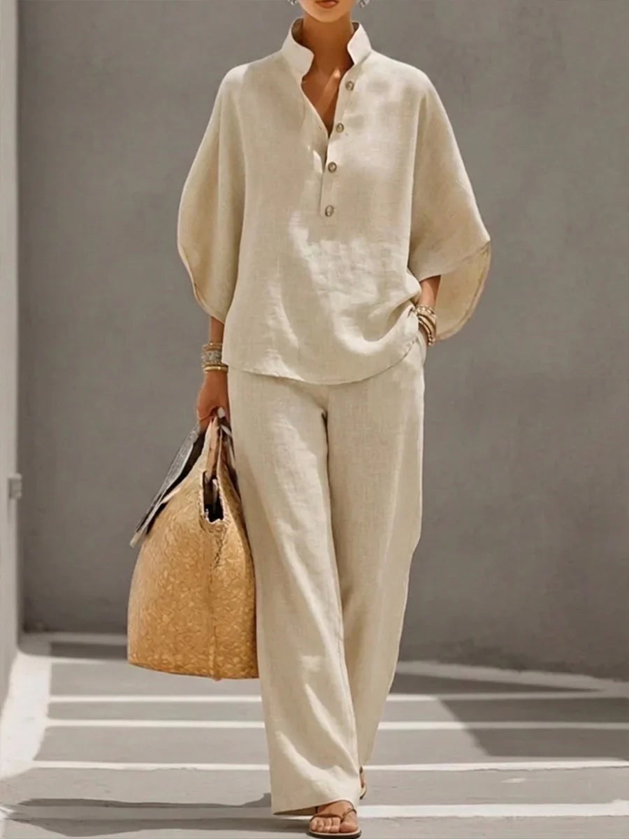 Mariel | Cotton and Linen Set with Batwing Sleeves and Wide Pants