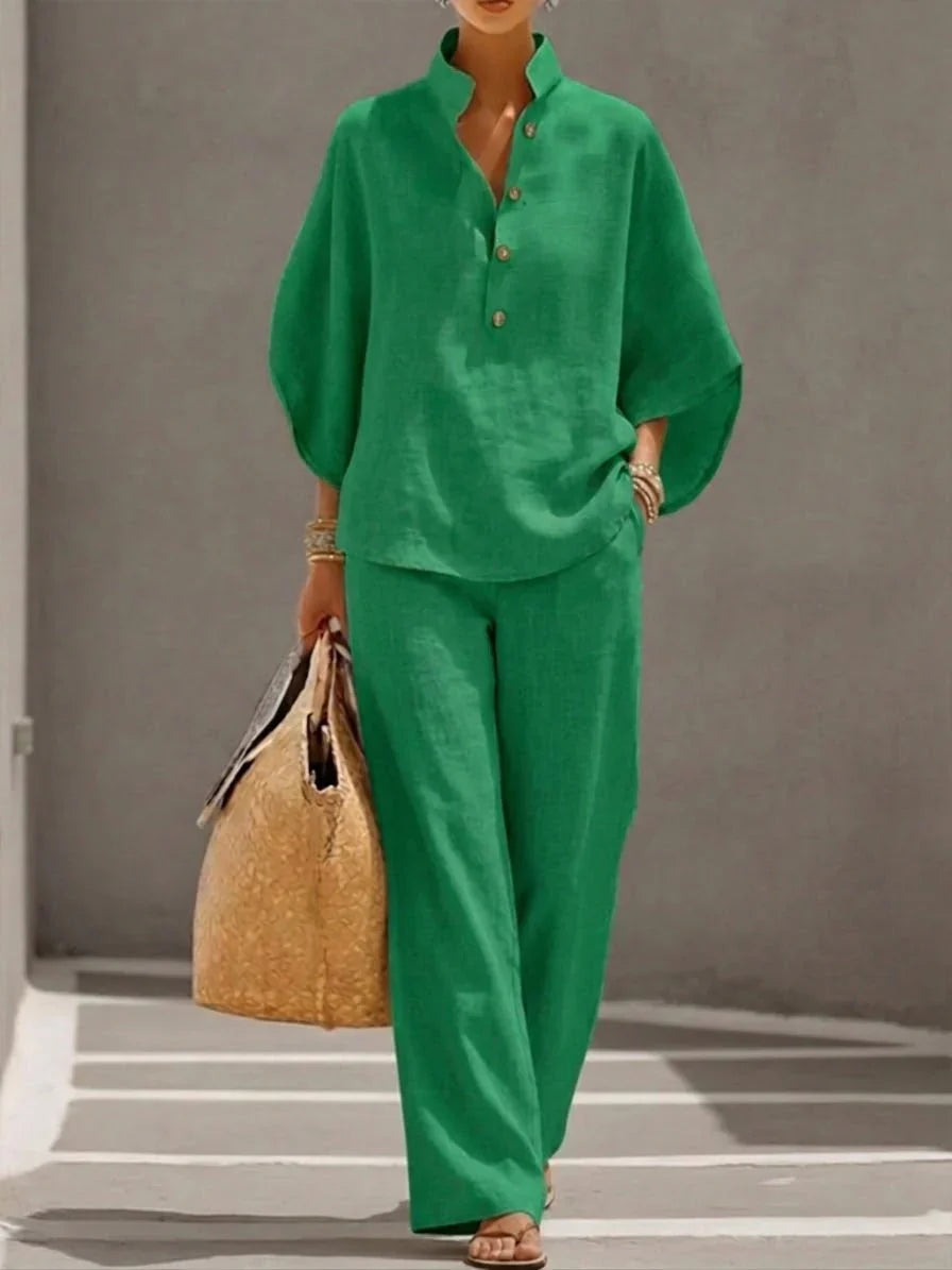 Mariel | Cotton and Linen Set with Batwing Sleeves and Wide Pants