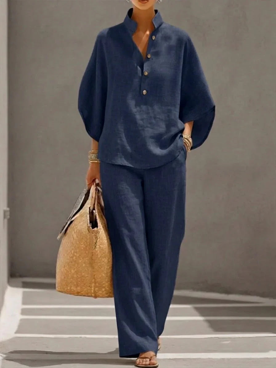 Mariel | Cotton and Linen Set with Batwing Sleeves and Wide Pants