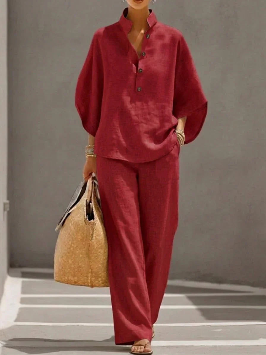Mariel | Cotton and Linen Set with Batwing Sleeves and Wide Pants