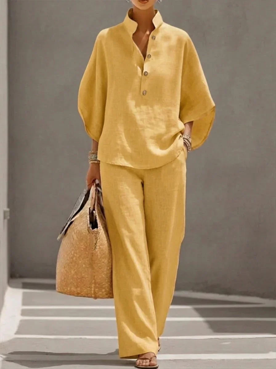 Mariel | Cotton and Linen Set with Batwing Sleeves and Wide Pants