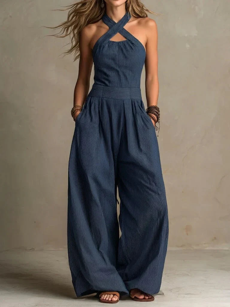 Bianca | Linen and Cotton Jumpsuit with an Elegant Cross Neckline
