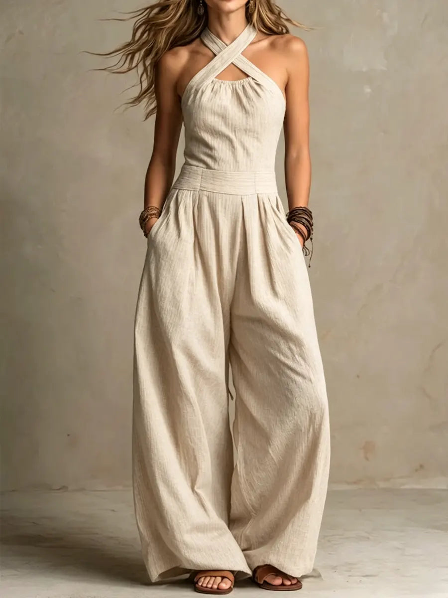 Bianca | Linen and Cotton Jumpsuit with an Elegant Cross Neckline
