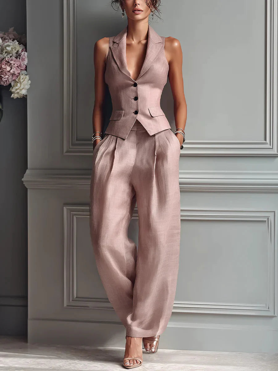 Two-Piece Suit with V-Neck and Buttons for Women