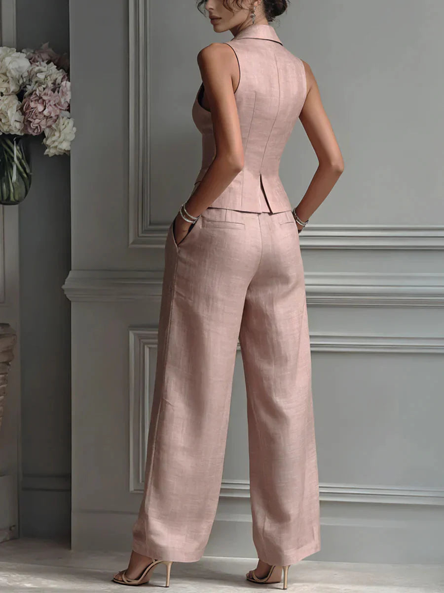 Two-Piece Suit with V-Neck and Buttons for Women