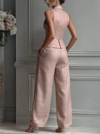 Two-Piece Suit with V-Neck and Buttons for Women