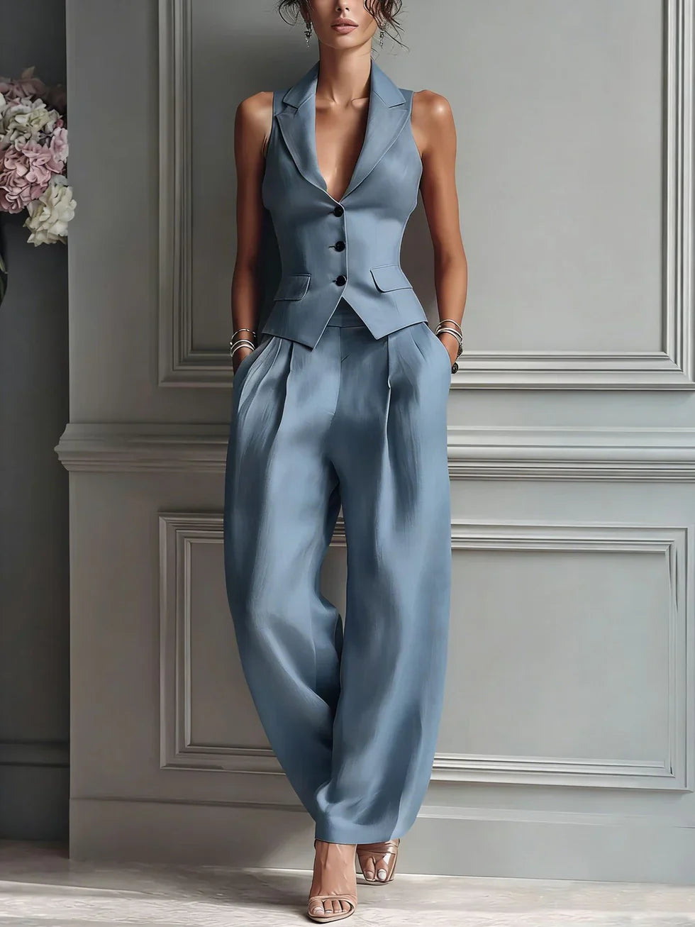 Two-Piece Suit with V-Neck and Buttons for Women