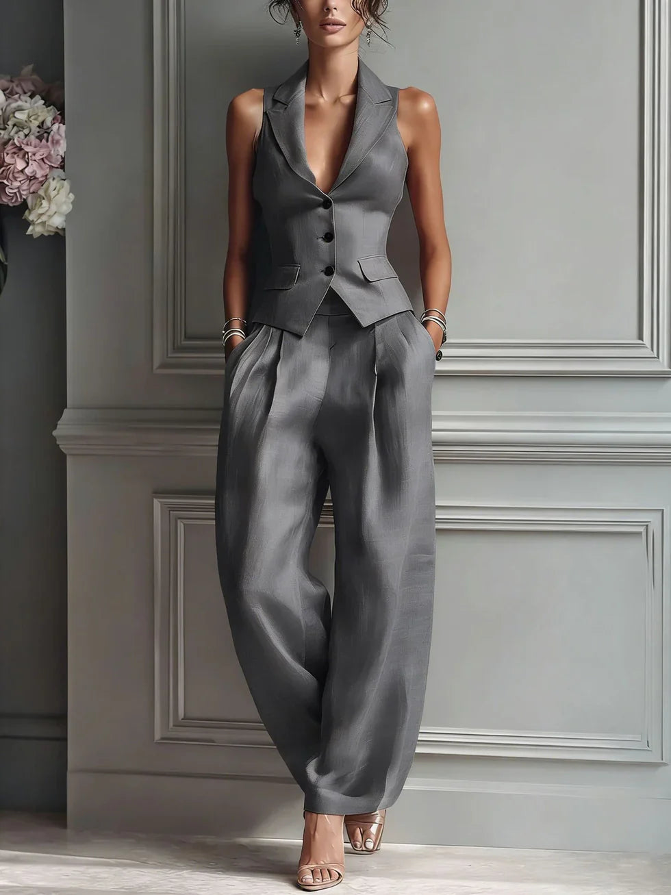 Two-Piece Suit with V-Neck and Buttons for Women
