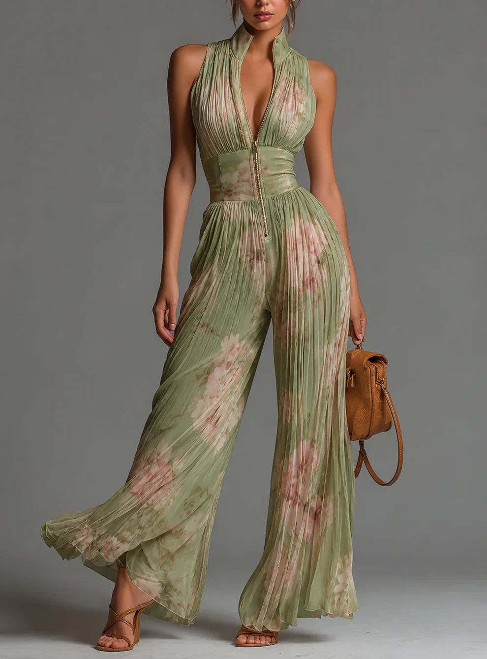Valentina | Pleated chiffon jumpsuit with sage green floral print and kimono sleeves