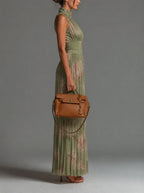 Valentina | Pleated chiffon jumpsuit with sage green floral print and kimono sleeves
