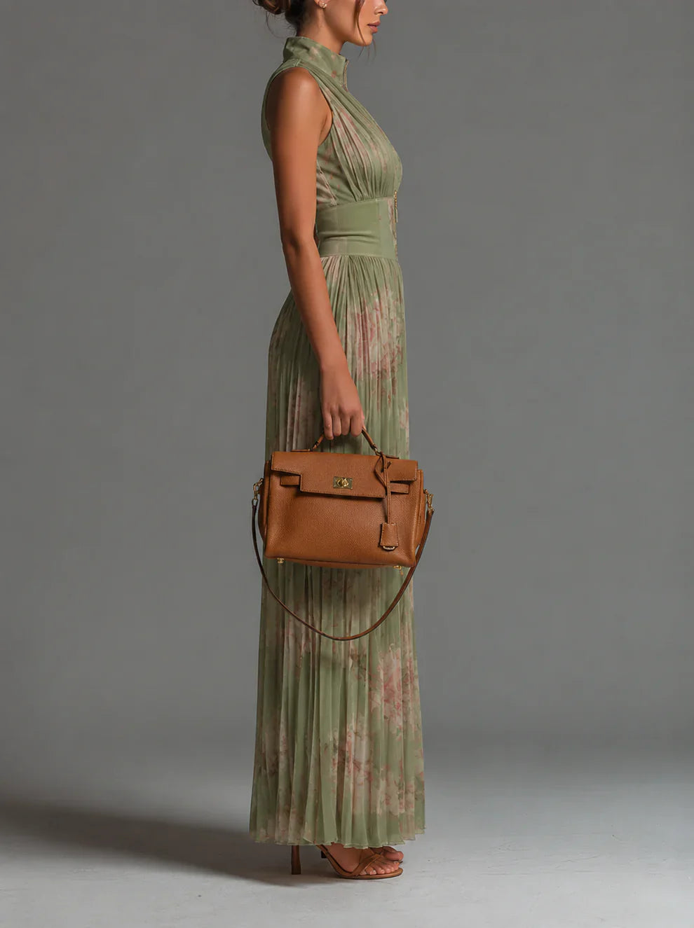 Valentina | Pleated chiffon jumpsuit with sage green floral print and kimono sleeves