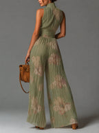 Valentina | Pleated chiffon jumpsuit with sage green floral print and kimono sleeves