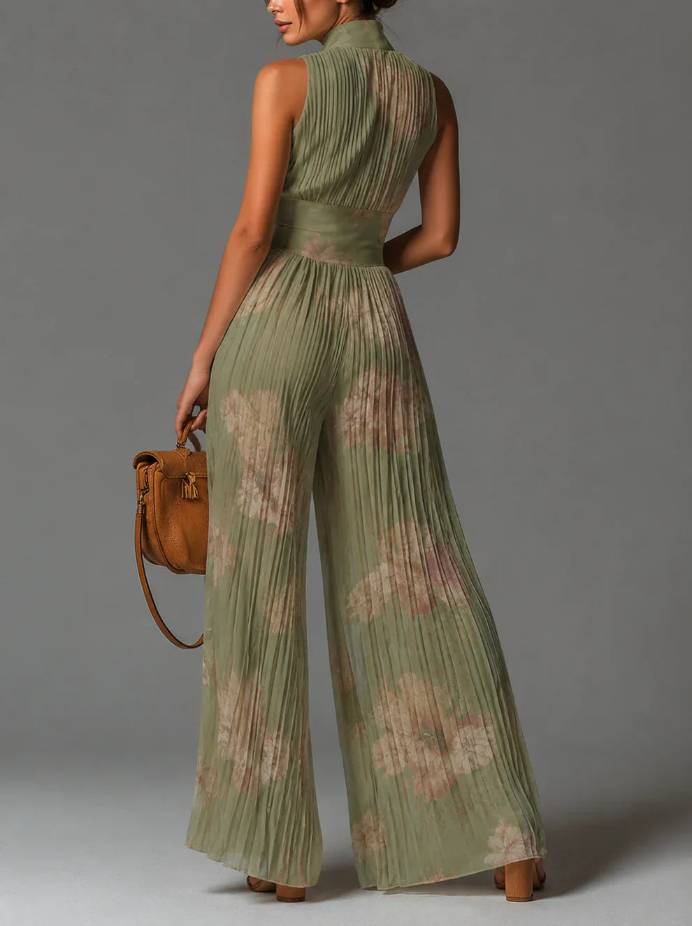Valentina | Pleated chiffon jumpsuit with sage green floral print and kimono sleeves