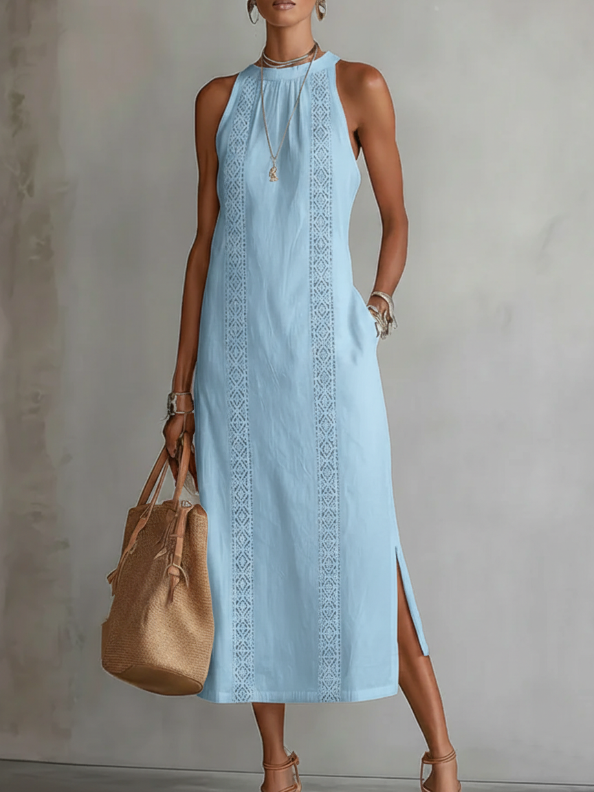 Janina - Midi Linen Dress Featuring Mao Collar