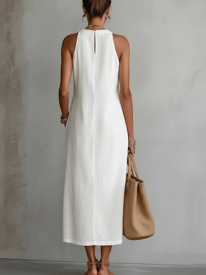 Janina - Midi Linen Dress Featuring Mao Collar