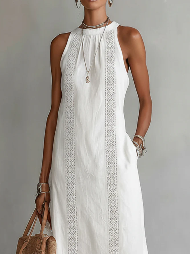 Janina - Midi Linen Dress Featuring Mao Collar