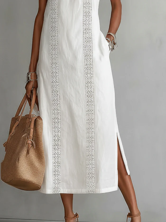 Janina - Midi Linen Dress Featuring Mao Collar