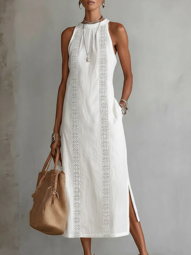 Janina - Midi Linen Dress Featuring Mao Collar