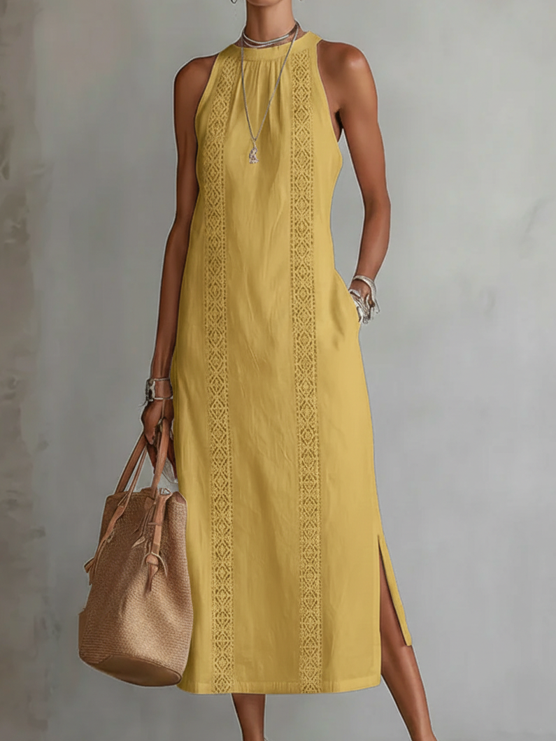 Janina - Midi Linen Dress Featuring Mao Collar