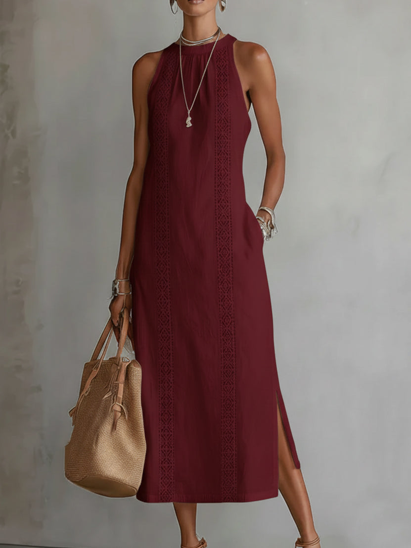 Janina - Midi Linen Dress Featuring Mao Collar