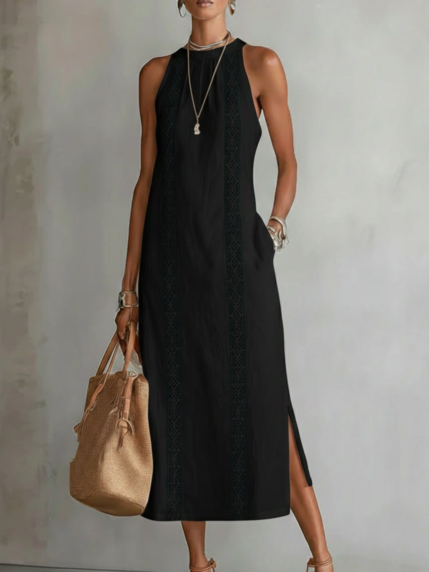 Janina - Midi Linen Dress Featuring Mao Collar