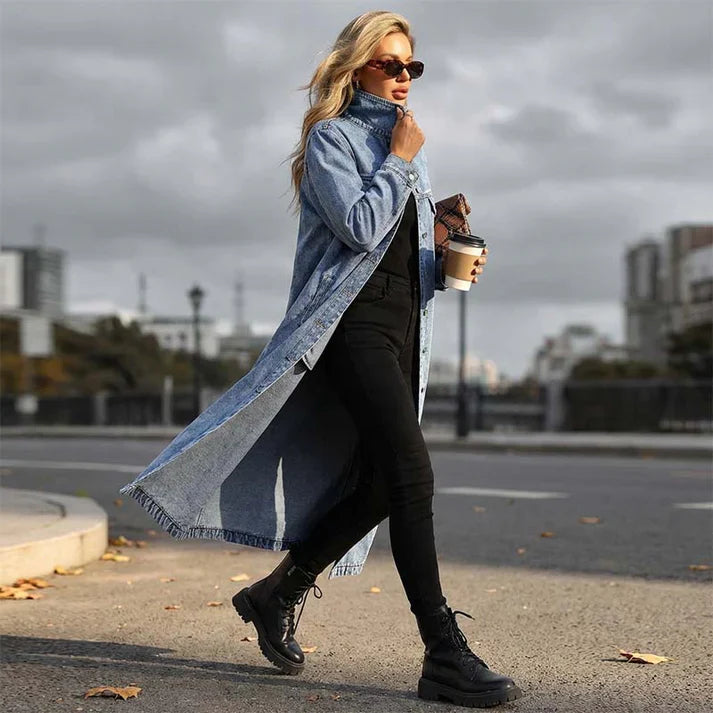 Long and Casual Denim Coat for Women with Buttons