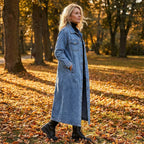 Long and Casual Denim Coat for Women with Buttons