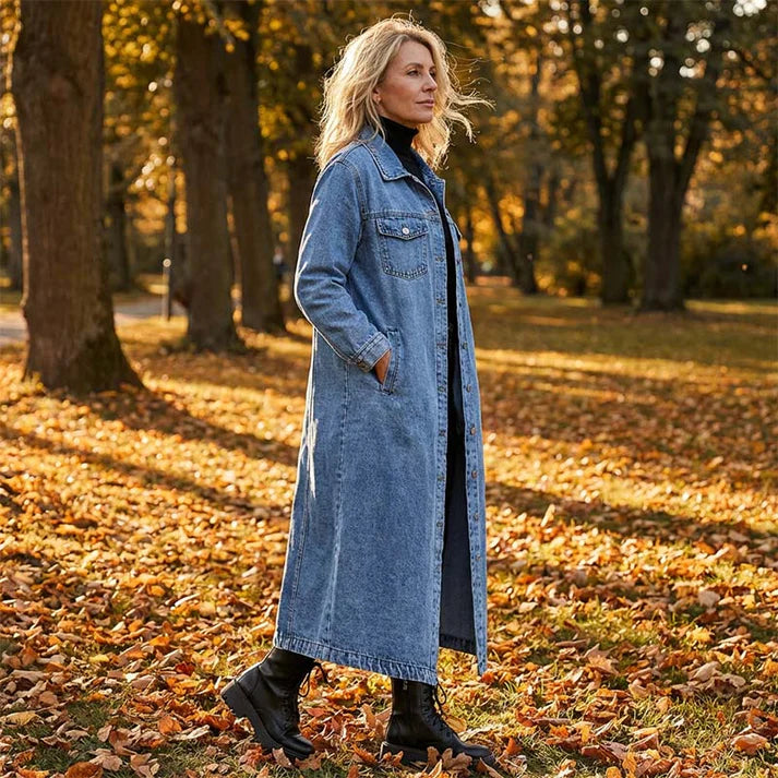 Long and Casual Denim Coat for Women with Buttons